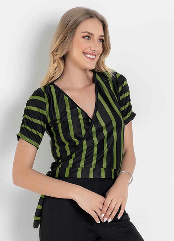 Outlet - Blusa Encurtada Listras Verde Transpassada