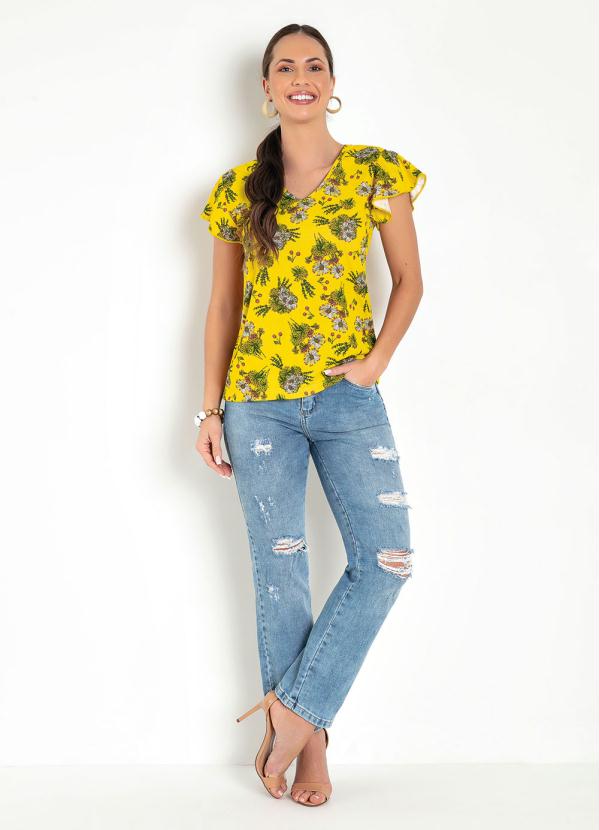 Moda Pop - Blusa Floral Amarela com Manga em Babado 3