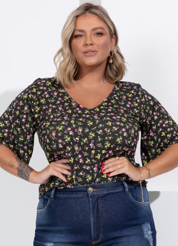Quintess - Blusa Floral Decote V com Mangas Evasê 6