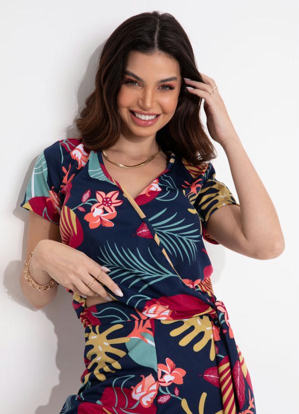Outlet - Blusa Floral Marinho Transpassada