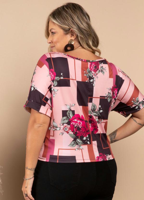 Quintess - Blusa Floral Rosa com Amarração na Barra 6