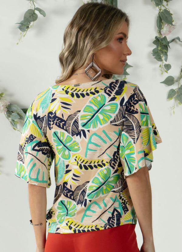 Quintess - Blusa Folhagem Bege com Decote V e Manga Evasê 2