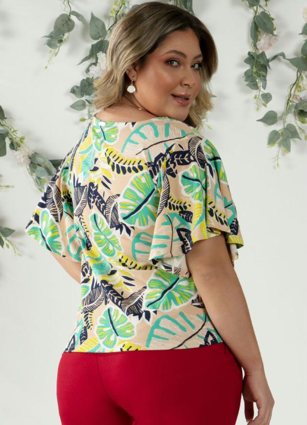 Quintess - Blusa Folhagem Bege com Decote V e Manga Evasê 6