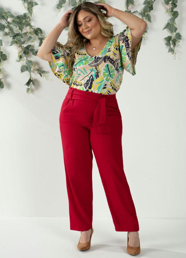 Quintess - Blusa Folhagem Bege com Decote V e Manga Evasê 7