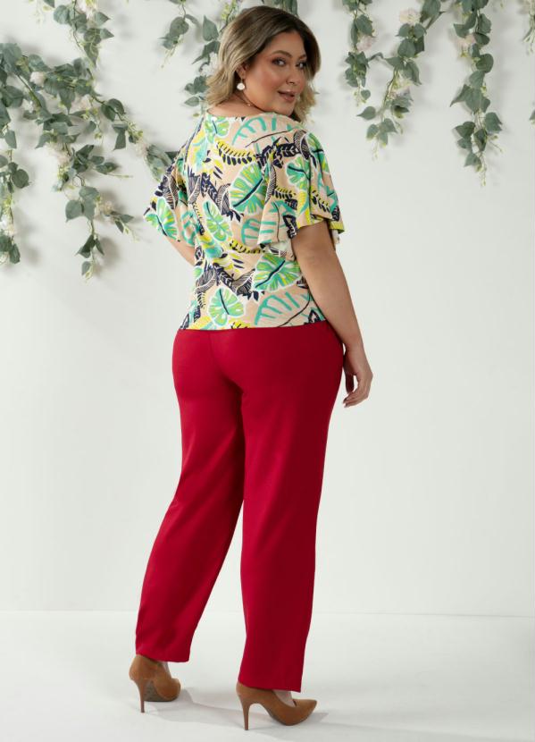 Quintess - Blusa Folhagem Bege com Decote V e Manga Evasê 8