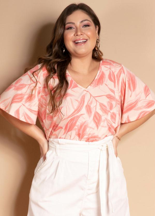 Quintess - Blusa Folhagem Rosa Soltinha com Decote V 6