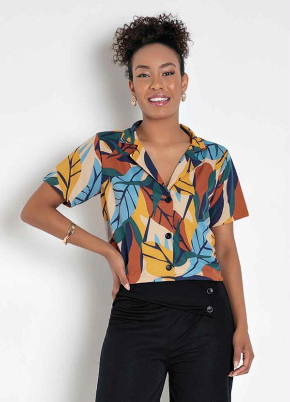 Outlet - Blusa Folhas Color com Botões Decorativos