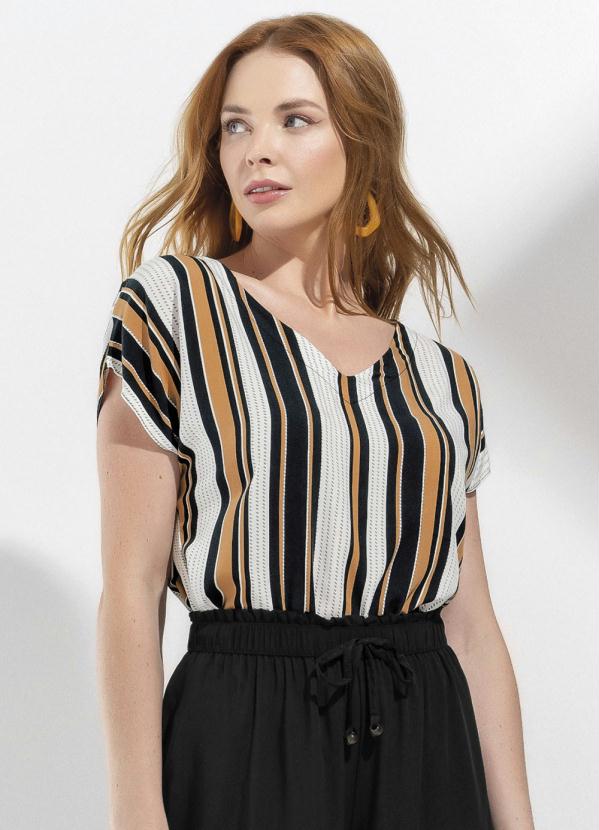 Marialícia - Blusa Listras Decote V Preto
