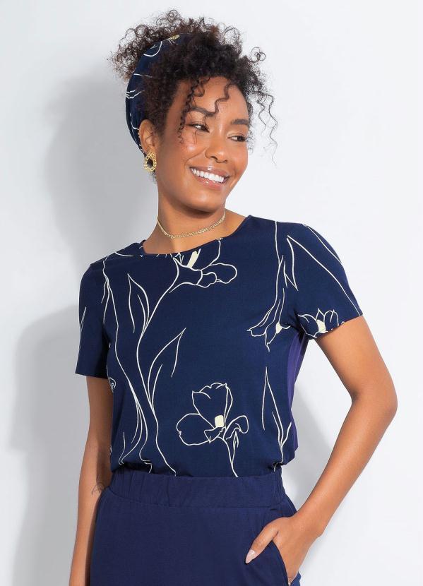 Cativa - Blusa Manga Curta com Estampa Floral Azul