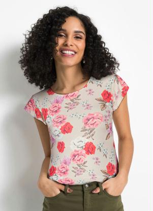 Queima Estoque - Blusa Manga Curta Decote Redondo Floral Bege - QUEIMA ESTOQUE