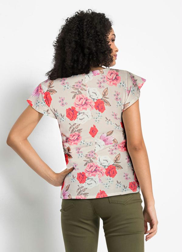 Queima Estoque - Blusa Manga Curta Decote Redondo Floral Bege 3