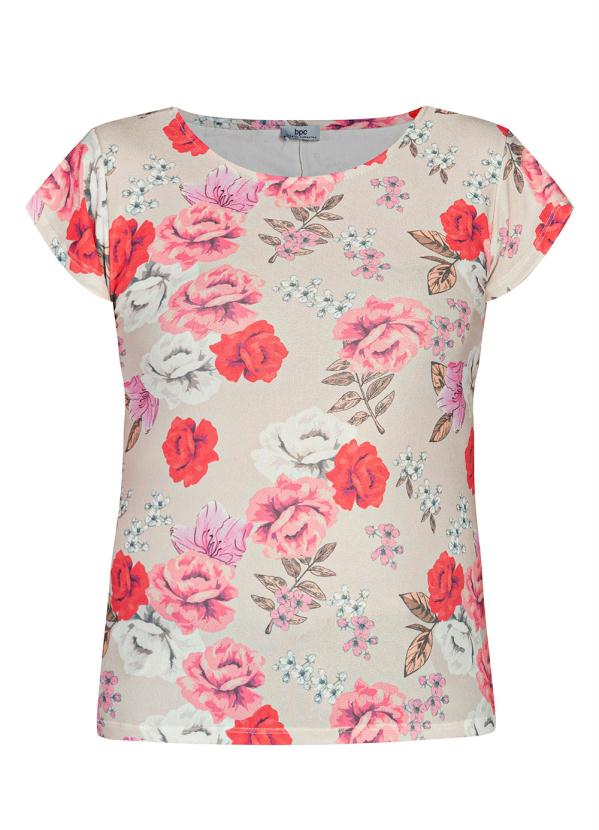 Queima Estoque - Blusa Manga Curta Decote Redondo Floral Bege 2