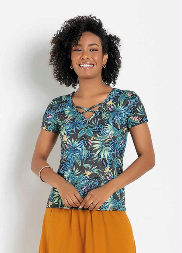 Blusa Manga Curta Folhas Azul Moda Evangélica Outlet
