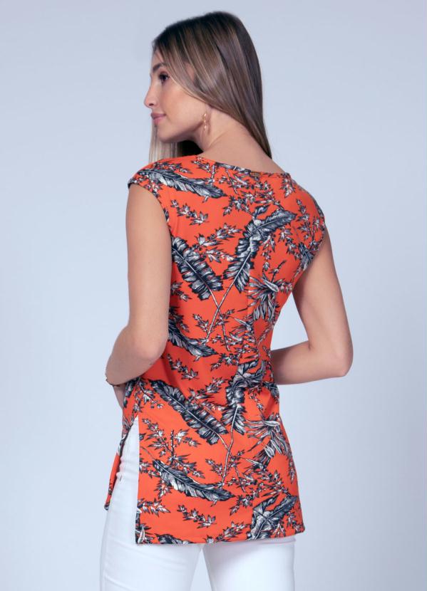 Quintess - Blusa Mullet Folhagem Laranja com Fenda Lateral 2
