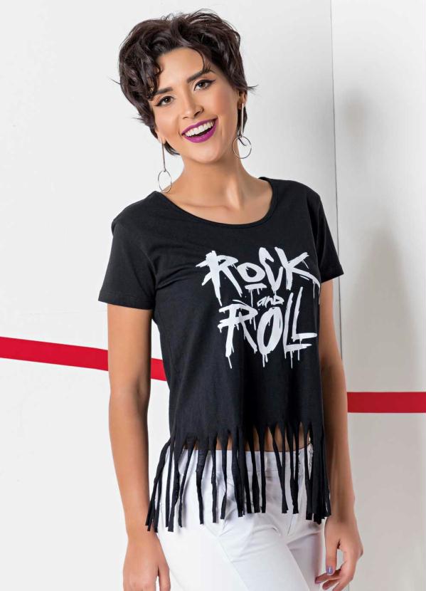 Outlet - Blusa Preta com Franjas na Barra