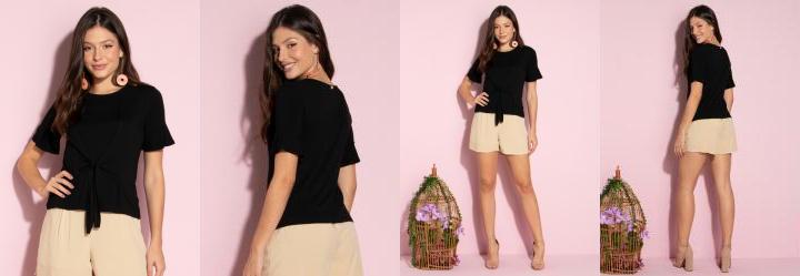 Blusa Preta com Mangas Curtas