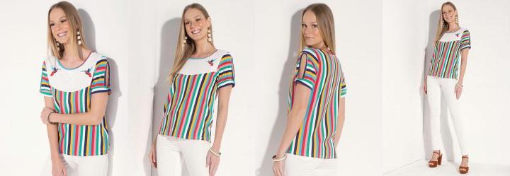Blusa Quintess Listrada com Bordados Frente