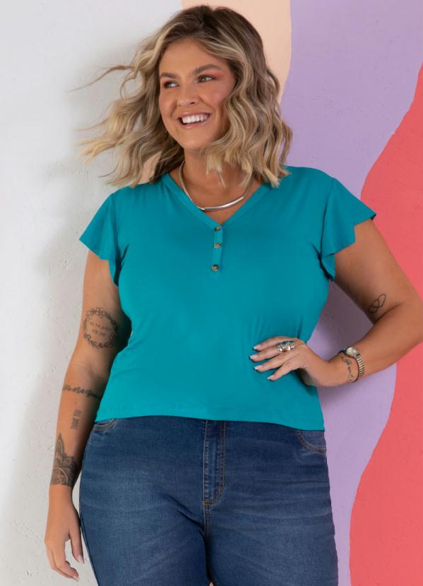 Quintess - Blusa Turquesa Decote V com Botões Decorativos 5