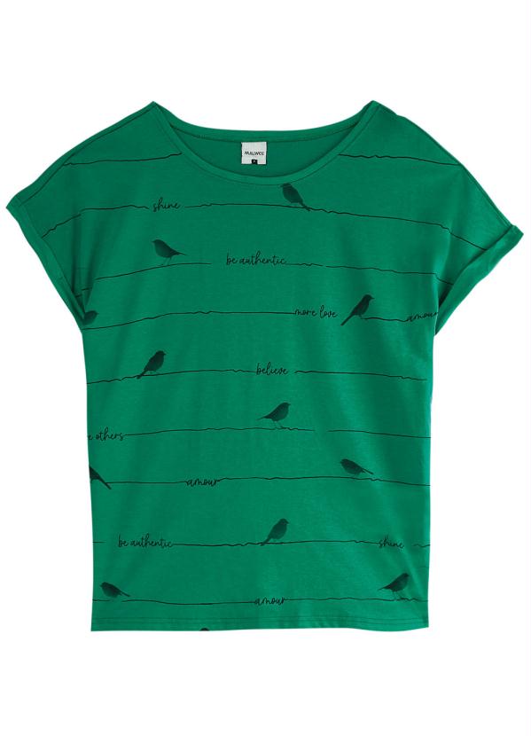 Malwee - Blusa Verde Ampla Aves em Malha
