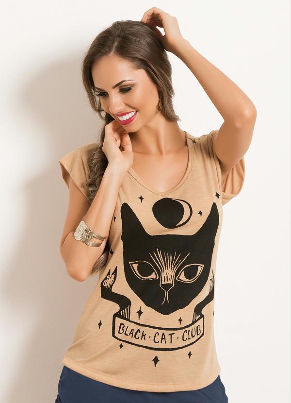 Outlet - T-Shirt Bege com Estampa de Gato Frontal 1