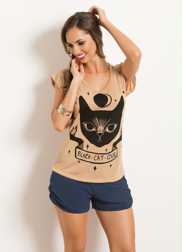 Outlet - T-Shirt Bege com Estampa de Gato Frontal 3