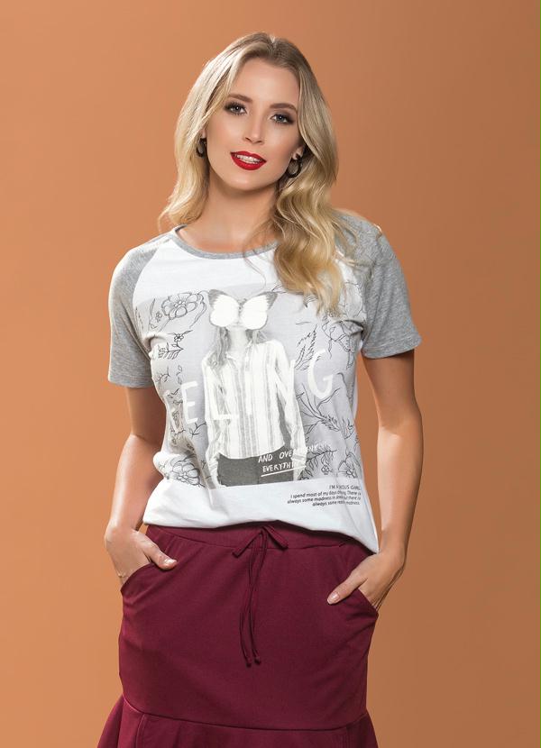 Outlet - T-Shirt Mescla e Branca com Manga Raglan