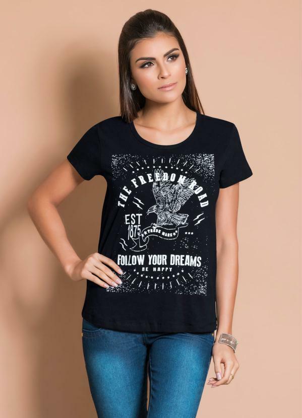 Outlet - T-Shirt Preta com Estampa Localizada