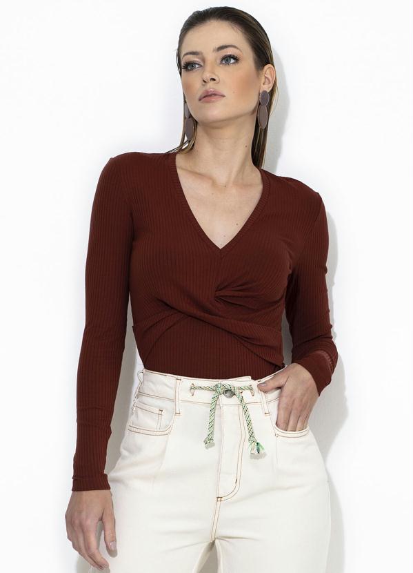 Colcci - Blusa Canelada Manga Longa Marrom