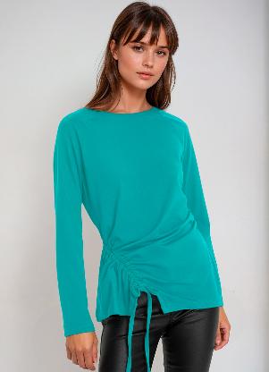 bonprix - Blusa com Amarrção e Mangas Longas Turquesa - BONPRIX