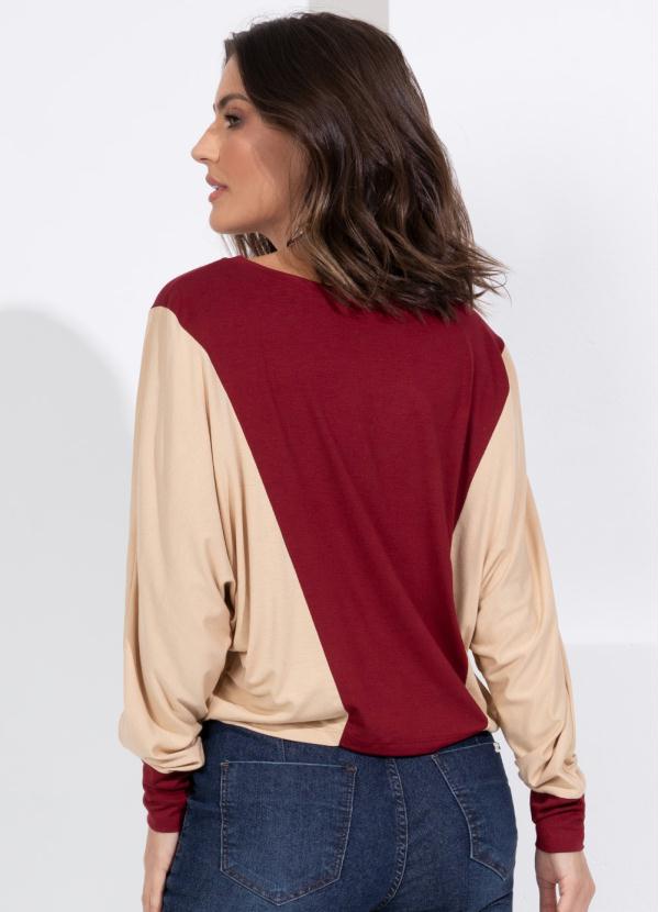 Queima Estoque - Blusa com Recortes Bicolor Bege e Bordô Ampla 2