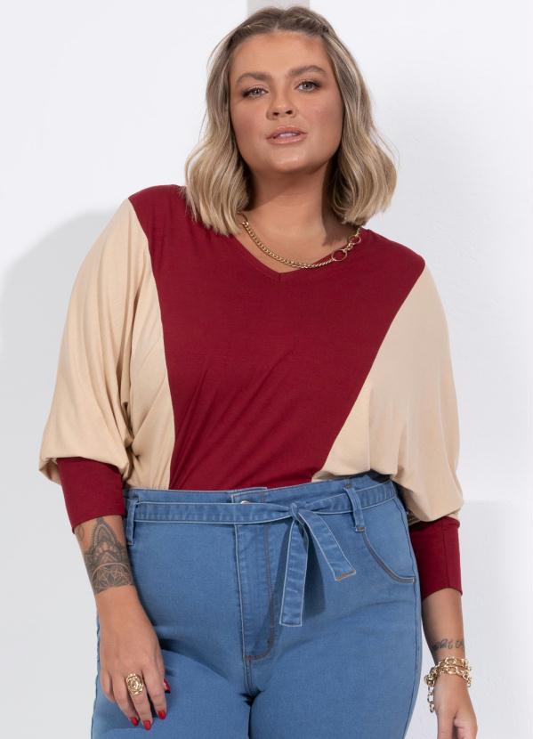 Queima Estoque - Blusa com Recortes Bicolor Bege e Bordô Ampla 6