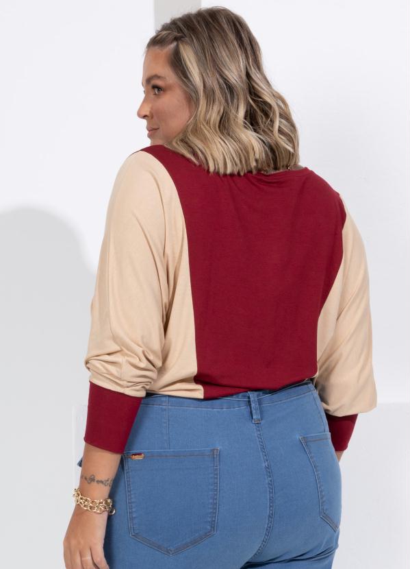 Queima Estoque - Blusa com Recortes Bicolor Bege e Bordô Ampla 7