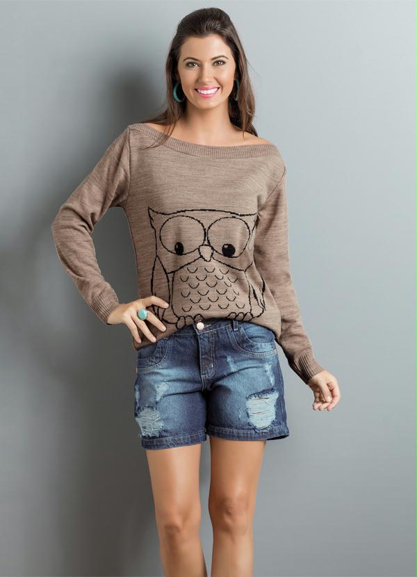 Janine - Blusa de Lã Bege com Desenho Coruja Manga Longa 3