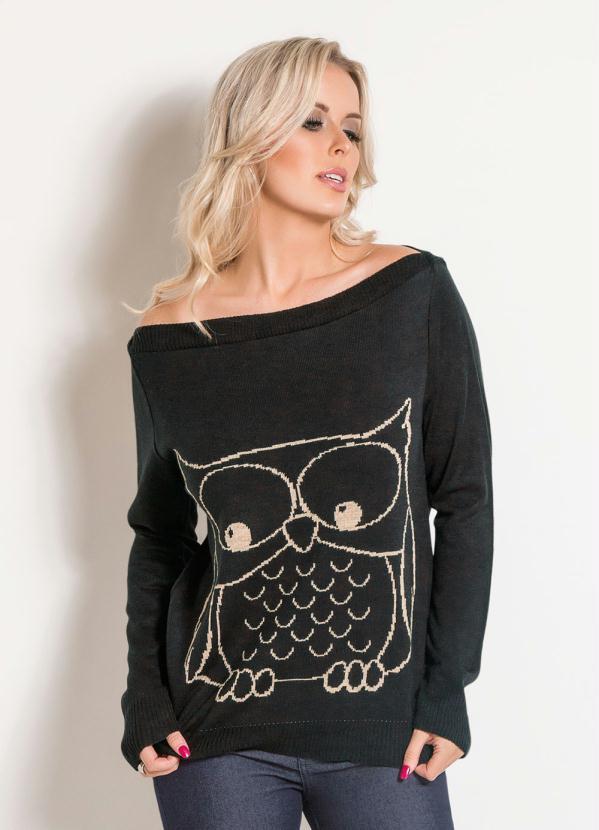 Janine - Blusa de Lã Preta com Desenho Coruja Manga Longa