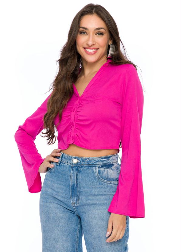 Doce Trama - Blusa de Manga Longa em Viscose Rosa