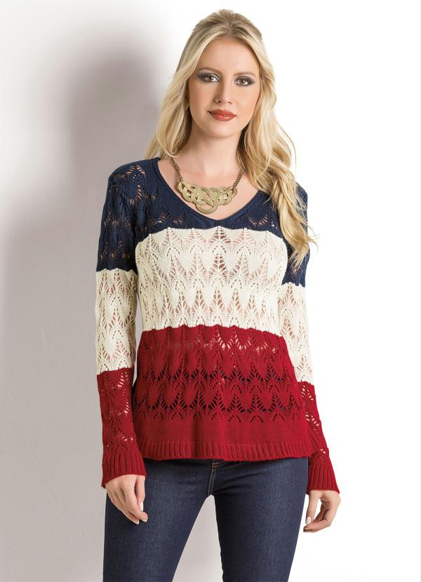 Janine - Blusa de Tricô Marinho, Vermelha e Bege