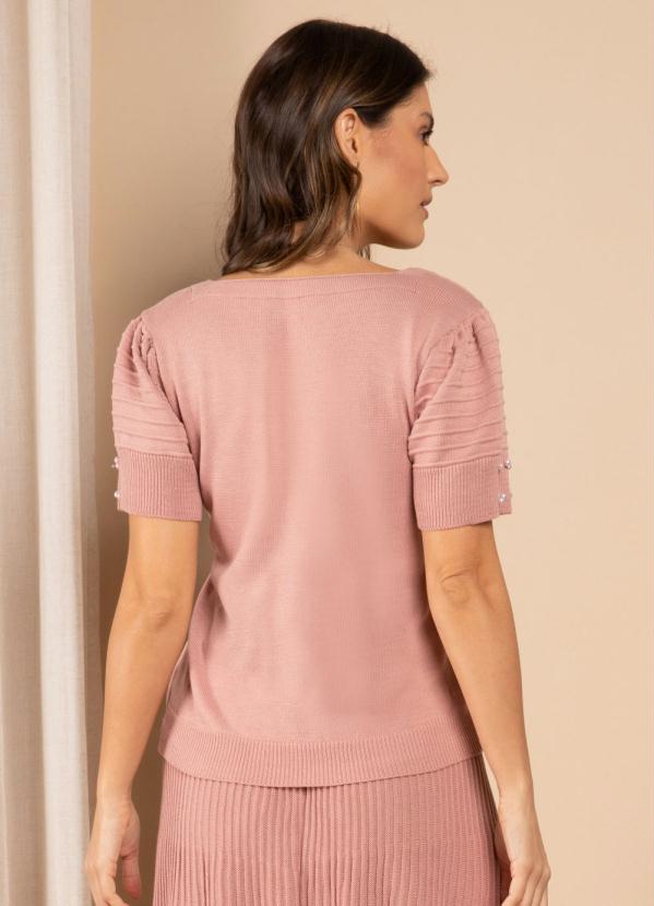 Quintess - Blusa de Tricô Rosa com Perólas nos Punhos 2