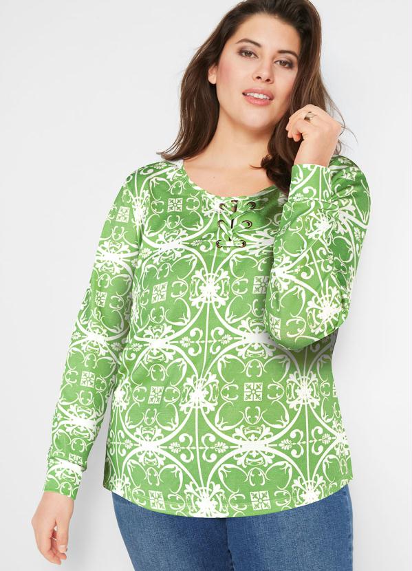 Queima Estoque - Blusa Decote Redondo com Ilhós Verde/Branco 4