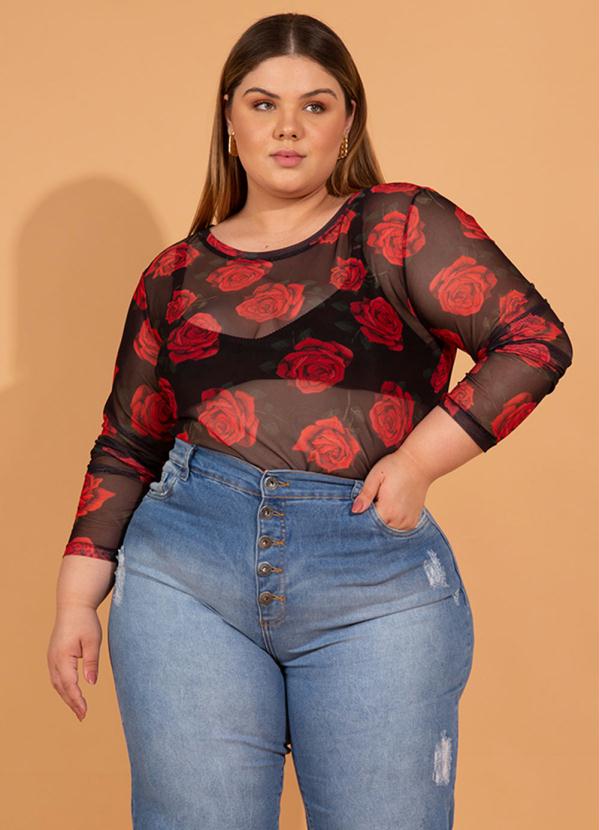 blusa preta transparente plus size