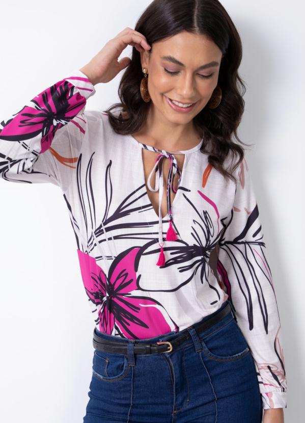 Blusa Floral Bege com Amarração - Quintess