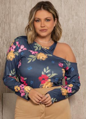 Quintess - Blusa Floral Marinho com Recorte Vazado - QUINTESS