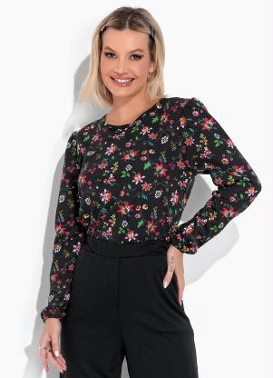 Moda Pop - Blusa Floral Preta com Mangas Longas com Punho - MODA POP