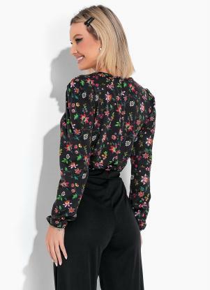 Moda Pop - Blusa Floral Preta com Mangas Longas com Punho - MODA POP