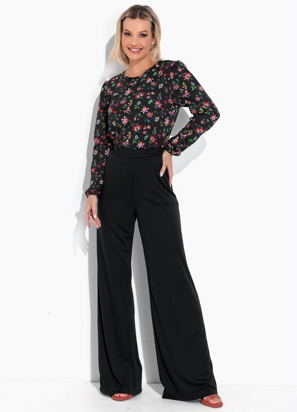 Moda Pop - Blusa Floral Preta com Mangas Longas com Punho 3