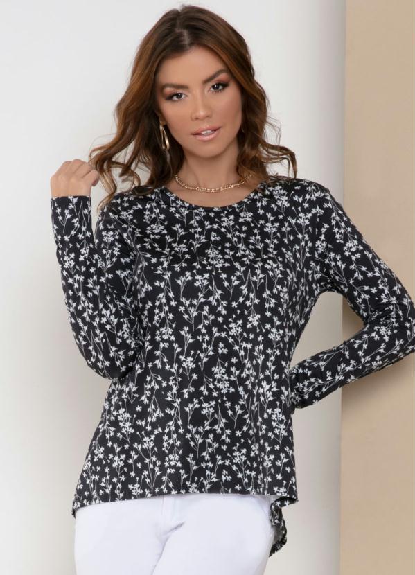Quintess - Blusa Floral Preto com Barra Mullet