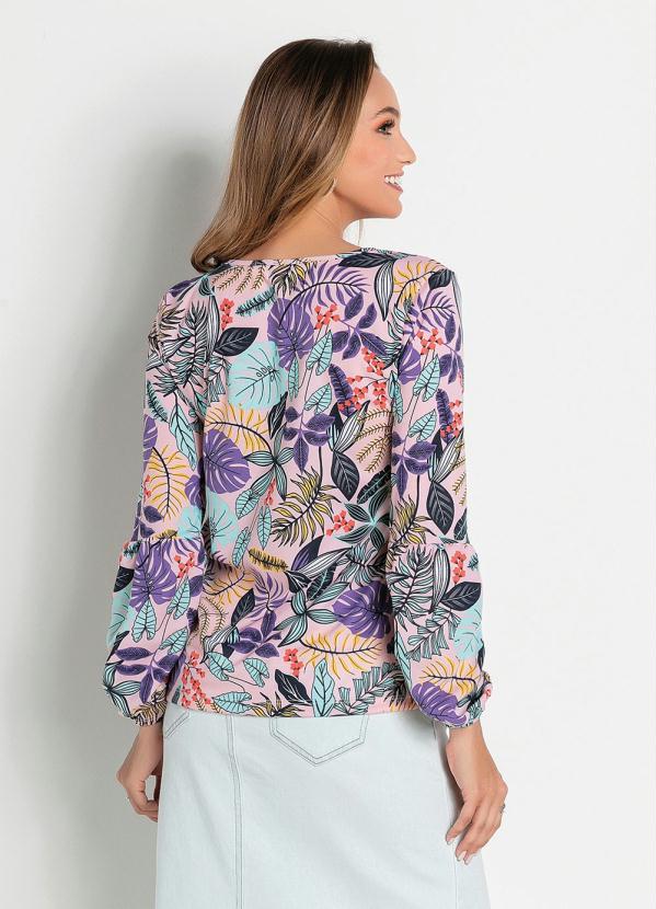 Outlet - Blusa Floral Rosa Manga Balonê Moda Evangélica 2