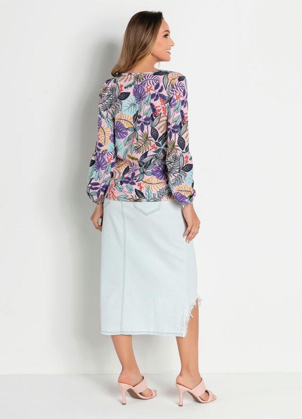 Outlet - Blusa Floral Rosa Manga Balonê Moda Evangélica 4