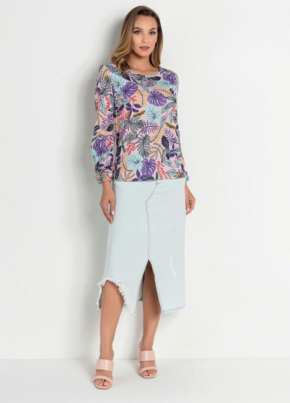 Outlet - Blusa Floral Rosa Manga Balonê Moda Evangélica 6