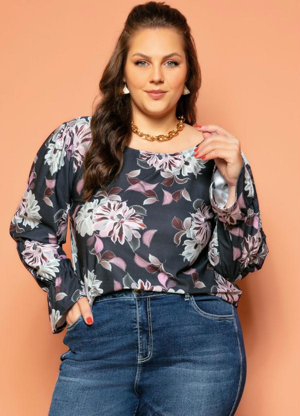 Quintess - Blusa Floral RosadoDecote Canoa e Mangas Longas 5