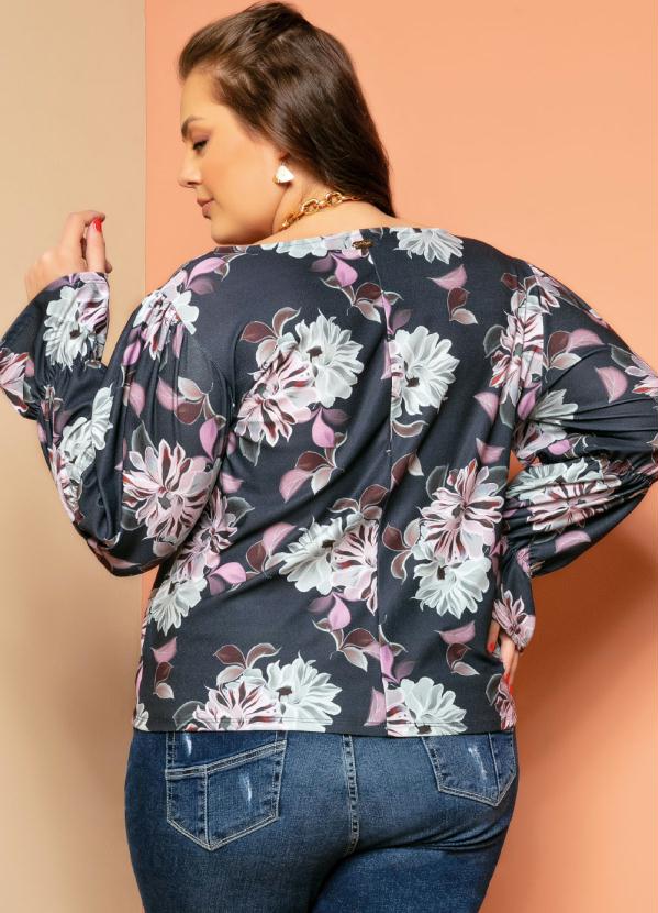 Quintess - Blusa Floral RosadoDecote Canoa e Mangas Longas 6